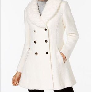GUESS Faux-Fur-Collar Skirted Coat Ivory